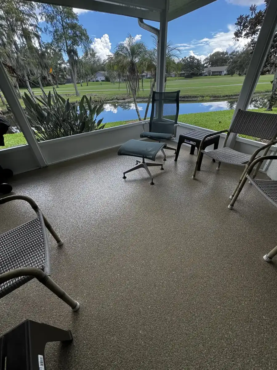 Coated screened patio floor with seating